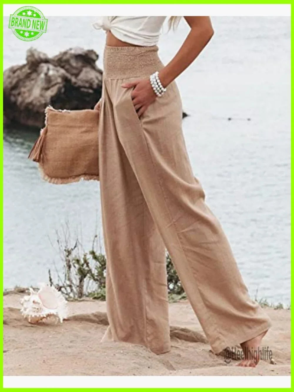 High Waisted Cotton Linen Palazzo Pants Wide Leg Lounge Trousers with Pockets - Picture 3 of 7